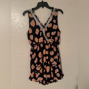 Available by Angela Fashion Navy & Coral Leopard Print Romper